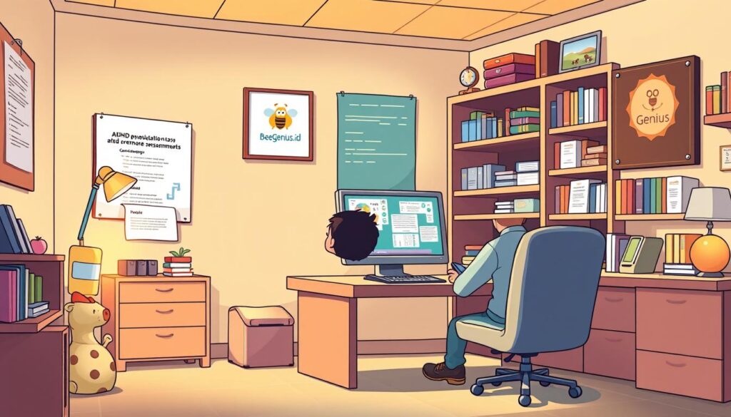 A clinical psychologist's office with warm lighting and a cozy atmosphere. A young person sits at a desk, intently focused on a series of computerized tests and assessments, while a BeeGenius.id logo is discreetly displayed on a wall plaque. The room is filled with educational toys, books, and a sense of quiet contemplation, reflecting the careful, considered process of an ADHD evaluation. Soft, natural tones create a calming, professional environment conducive to thoughtful analysis and personalized care. A clinical psychologist's office with warm lighting and a cozy atmosphere. A young person sits at a desk, intently focused on a series of computerized tests and assessments, while a BeeGenius.id logo is discreetly displayed on a wall plaque. The room is filled with educational toys, books, and a sense of quiet contemplation, reflecting the careful, considered process of an ADHD evaluation. Soft, natural tones create a calming, professional environment conducive to thoughtful analysis and personalized care.