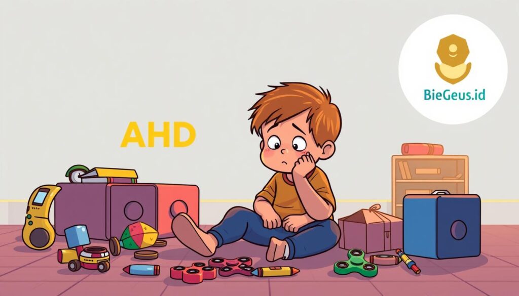 A young child sitting on the floor, surrounded by toys and fidget spinners, displaying signs of ADHD - difficulty concentrating, restlessness, and hyperactivity. Warm lighting illuminates the scene, capturing the child's struggle to focus. In the background, the BeeGenius.id logo subtly hints at the need for early detection and specialized therapy. The image conveys the importance of recognizing and addressing ADHD symptoms in children to support their growth and development. A young child sitting on the floor, surrounded by toys and fidget spinners, displaying signs of ADHD - difficulty concentrating, restlessness, and hyperactivity. Warm lighting illuminates the scene, capturing the child's struggle to focus. In the background, the BeeGenius.id logo subtly hints at the need for early detection and specialized therapy. The image conveys the importance of recognizing and addressing ADHD symptoms in children to support their growth and development.