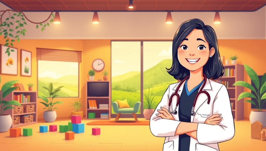A cheerful, vibrant illustration of a child psychologist in Tangerang Selatan, showcased through the "Bee Genius" brand. In the foreground, a welcoming child psychologist in a friendly pose, dressed in professional attire, surrounded by playful elements like colorful blocks and learning toys. In the middle ground, a cozy, nurturing office setting with soothing wall colors, shelves of books, and a comfortable seating area. In the background, a lush, verdant landscape conveying the calming, natural ambiance. Warm, soft lighting creates an inviting atmosphere, emphasizing the psychologist's expertise and the child-friendly environment. The overall scene exudes a sense of trust, care, and the specialized knowledge of the "Bee Genius" child psychologist. A cheerful, vibrant illustration of a child psychologist in Tangerang Selatan, showcased through the "Bee Genius" brand. In the foreground, a welcoming child psychologist in a friendly pose, dressed in professional attire, surrounded by playful elements like colorful blocks and learning toys. In the middle ground, a cozy, nurturing office setting with soothing wall colors, shelves of books, and a comfortable seating area. In the background, a lush, verdant landscape conveying the calming, natural ambiance. Warm, soft lighting creates an inviting atmosphere, emphasizing the psychologist's expertise and the child-friendly environment. The overall scene exudes a sense of trust, care, and the specialized knowledge of the "Bee Genius" child psychologist.