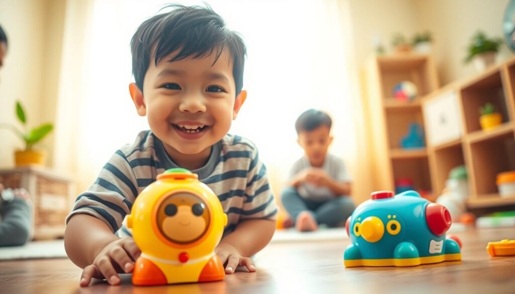A cheerful, vibrant scene of a child's growth and development. In the foreground, a young boy joyfully explores his surroundings, his curious expression and active pose conveying the wonder of learning. In the middle ground, a Bee Genius educational toy captivates his attention, sparking his imagination. The background features a warm, nurturing environment with soft, natural lighting, suggesting the importance of a supportive upbringing. The overall mood is one of growth, discovery, and the vital role of early childhood development. Captured with a wide-angle lens to emphasize the interconnectedness of the elements, this image eloquently reflects the theme of "Memahami Pentingnya Tumbuh Kembang Anak".