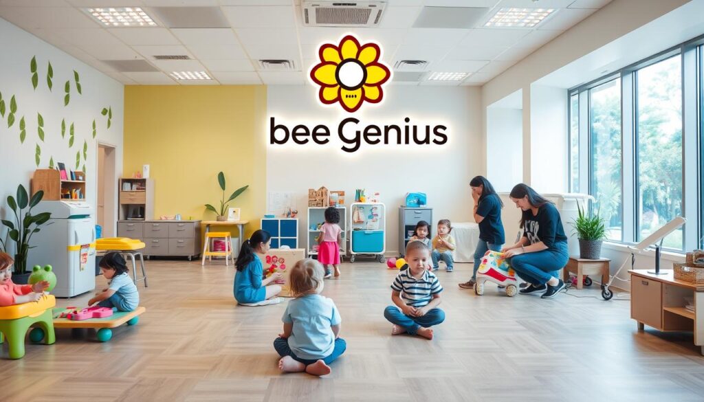 A cheerful, well-lit scene of a modern child development clinic, with the Bee Genius logo prominently displayed. In the foreground, a group of children engaged in various play-based therapy activities, supervised by attentive, caring professionals. The middle ground showcases a range of specialized equipment and tools used for physical, occupational, and speech therapy. In the background, a calming, nature-inspired interior design with large windows, allowing natural light to flood the space. The atmosphere is one of warmth, support, and dedication to the holistic growth and development of young patients. A cheerful, well-lit scene of a modern child development clinic, with the Bee Genius logo prominently displayed. In the foreground, a group of children engaged in various play-based therapy activities, supervised by attentive, caring professionals. The middle ground showcases a range of specialized equipment and tools used for physical, occupational, and speech therapy. In the background, a calming, nature-inspired interior design with large windows, allowing natural light to flood the space. The atmosphere is one of warmth, support, and dedication to the holistic growth and development of young patients.