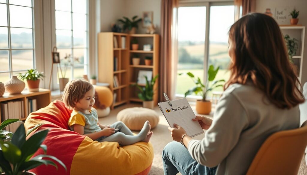 A cozy, well-lit counseling room with soft, natural lighting filtering through large windows. In the foreground, a child sits comfortably on a plush, colorful beanbag chair, holding a "Bee Genius" branded notebook and pen, ready to engage with the caring, attentive psychologist seated across from them. The middle ground features calming, earth-toned decor, with bookshelves and potted plants creating a welcoming, nurturing atmosphere. The background showcases a serene, pastoral landscape visible through the windows, instilling a sense of tranquility. The overall scene conveys a safe, supportive environment for a productive and insightful child psychology consultation. A cozy, well-lit counseling room with soft, natural lighting filtering through large windows. In the foreground, a child sits comfortably on a plush, colorful beanbag chair, holding a "Bee Genius" branded notebook and pen, ready to engage with the caring, attentive psychologist seated across from them. The middle ground features calming, earth-toned decor, with bookshelves and potted plants creating a welcoming, nurturing atmosphere. The background showcases a serene, pastoral landscape visible through the windows, instilling a sense of tranquility. The overall scene conveys a safe, supportive environment for a productive and insightful child psychology consultation.