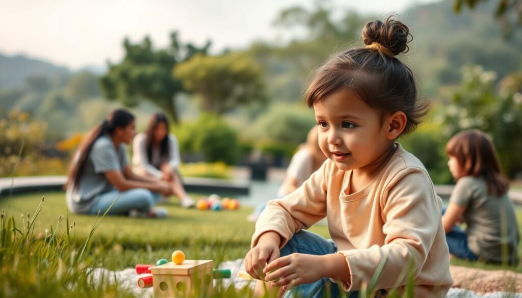 A holistic approach to developmental disorders, depicted through a harmonious landscape. In the foreground, a young child engages in play therapy, surrounded by nurturing therapists utilizing Bee Genius techniques. The middle ground showcases a multidisciplinary team collaborating, integrating physical, cognitive, and emotional therapies. In the background, a serene natural setting with lush greenery and a calming water feature, symbolizing the balance and wholeness inherent in this comprehensive approach. Soft, diffused lighting and a warm color palette convey a sense of comfort and healing. Captured through a wide-angle lens to encompass the interconnected elements of this holistic intervention.