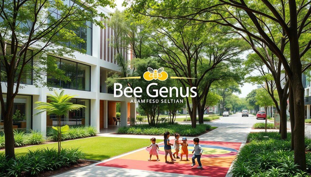 A modern, airy, and welcoming Bee Genius daycare facility nestled amidst the lush greenery of Alam Sutera, Tangerang Selatan. The building's facade features large windows allowing natural light to flood the interior. In the foreground, a group of children play happily on a colorful playground, surrounded by carefully landscaped gardens. The middle ground showcases the Bee Genius logo prominently displayed, conveying a sense of professionalism and care. The background depicts the vibrant, tree-lined streets of the Alam Sutera neighborhood, creating a serene and family-friendly atmosphere.