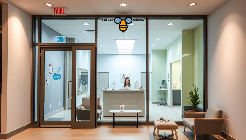 A modern, clean-lined medical clinic with a warm, welcoming atmosphere. The exterior features large windows, a sleek glass entryway, and a vibrant Bee Genius logo above the door. Inside, the reception area has comfortable seating, soothing pastel walls, and a reception desk attended by a friendly staff member. In the background, examination rooms are visible through open doorways, with medical equipment and soothing artwork creating a sense of professionalism and care. The lighting is bright yet soft, creating an inviting and reassuring environment for families seeking child development services.