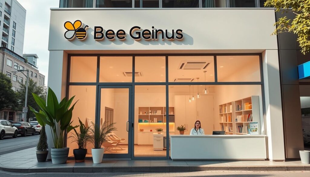 A modern, minimalist medical clinic nestled in a bustling urban landscape. The exterior features clean lines, large windows, and a prominent "Bee Genius" sign, conveying a sense of professionalism and innovation. The entrance is flanked by potted plants, creating a welcoming atmosphere. Inside, the clinic is bathed in warm, natural lighting, with sleek, ergonomic furniture and soothing pastel tones. Medical equipment and educational resources are discreetly displayed, reflecting the clinic's focus on child development. The reception desk is manned by a friendly, approachable staff member, ready to assist patients. The overall impression is one of a modern, state-of-the-art facility dedicated to the well-being and growth of young patients. A modern, minimalist medical clinic nestled in a bustling urban landscape. The exterior features clean lines, large windows, and a prominent "Bee Genius" sign, conveying a sense of professionalism and innovation. The entrance is flanked by potted plants, creating a welcoming atmosphere. Inside, the clinic is bathed in warm, natural lighting, with sleek, ergonomic furniture and soothing pastel tones. Medical equipment and educational resources are discreetly displayed, reflecting the clinic's focus on child development. The reception desk is manned by a friendly, approachable staff member, ready to assist patients. The overall impression is one of a modern, state-of-the-art facility dedicated to the well-being and growth of young patients.