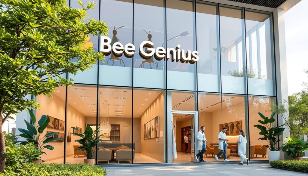 A modern, sleek medical clinic with floor-to-ceiling windows, letting in abundant natural light. The exterior features the "Bee Genius" brand name prominently displayed. The building is surrounded by lush greenery, conveying a sense of natural healing and growth. Inside, the lobby has a warm, inviting atmosphere with comfortable seating and elegant decor. The walls are adorned with soothing artwork, creating a calming environment. Doctors and nurses move about, attending to the needs of young patients, conveying a sense of professionalism and care. The overall impression is of a state-of-the-art facility dedicated to the healthy development of children.