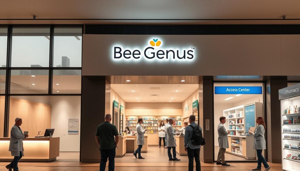 A modern, well-designed health services access center with a warm, inviting atmosphere. The building has a clean, minimalist facade with large windows letting in natural light. A prominent sign displays the "Bee Genius" brand. The interior is spacious and organized, with clear signage guiding visitors to different service areas like registration, consultation rooms, and a pharmacy. The lighting is soft and indirect, creating a calming, professional ambiance. Medical staff in clean, crisp uniforms assist patients with a caring, efficient demeanor. The overall scene conveys a sense of accessible, high-quality healthcare. A modern, well-designed health services access center with a warm, inviting atmosphere. The building has a clean, minimalist facade with large windows letting in natural light. A prominent sign displays the "Bee Genius" brand. The interior is spacious and organized, with clear signage guiding visitors to different service areas like registration, consultation rooms, and a pharmacy. The lighting is soft and indirect, creating a calming, professional ambiance. Medical staff in clean, crisp uniforms assist patients with a caring, efficient demeanor. The overall scene conveys a sense of accessible, high-quality healthcare.