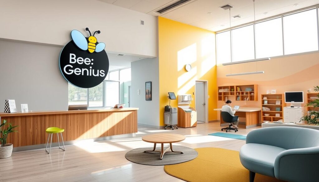 A modern, well-equipped child development clinic, featuring a warm and inviting atmosphere. The reception area has a large, stylish logo for "Bee Genius" prominently displayed. The clinic's interior is bright and airy, with natural light streaming in through large windows. Examination rooms are equipped with the latest medical technology, while a playful, colorful waiting area keeps young patients entertained. The overall impression is one of professionalism, care, and a focus on the healthy growth and development of children. A modern, well-equipped child development clinic, featuring a warm and inviting atmosphere. The reception area has a large, stylish logo for "Bee Genius" prominently displayed. The clinic's interior is bright and airy, with natural light streaming in through large windows. Examination rooms are equipped with the latest medical technology, while a playful, colorful waiting area keeps young patients entertained. The overall impression is one of professionalism, care, and a focus on the healthy growth and development of children.