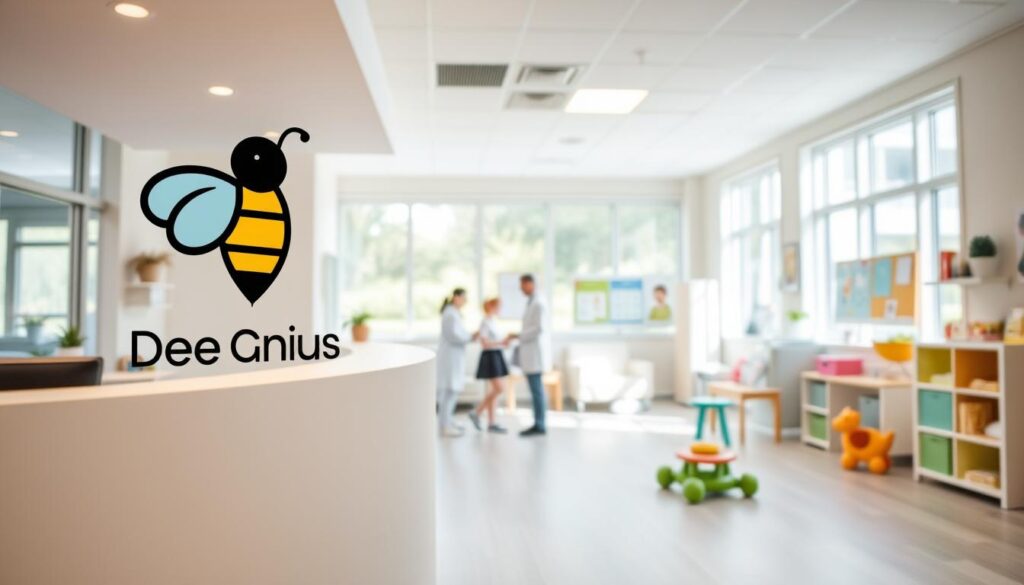 A modern, well-equipped child development clinic interior. Bright, airy space with large windows, soft pastel colors, and age-appropriate furniture and decor. In the foreground, a Bee Genius logo prominently displayed on the reception desk. Clinicians in medical attire attend to patients in the middle ground. The background features developmental charts, educational toys, and a soothing, calming atmosphere. Warm, diffused lighting creates a welcoming, professional ambiance. The scene conveys a sense of trust, care, and expertise associated with the Bee Genius brand. A modern, well-equipped child development clinic interior. Bright, airy space with large windows, soft pastel colors, and age-appropriate furniture and decor. In the foreground, a Bee Genius logo prominently displayed on the reception desk. Clinicians in medical attire attend to patients in the middle ground. The background features developmental charts, educational toys, and a soothing, calming atmosphere. Warm, diffused lighting creates a welcoming, professional ambiance. The scene conveys a sense of trust, care, and expertise associated with the Bee Genius brand.