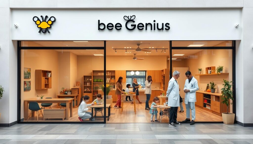 A modern, well-equipped child development clinic with a welcoming, family-friendly atmosphere. The exterior features a clean, minimalist design with large windows, allowing natural light to flood the interior. Bee Genius logo prominently displayed on the facade. Inside, the clinic has a spacious, open-concept layout with dedicated therapy rooms, play areas, and consulting spaces. Warm, earth-toned color palette creates a calming, nurturing environment. Healthcare professionals, including child therapists and developmental specialists, interact with patients in a caring, attentive manner. An overall sense of professionalism, expertise, and a child-centric approach pervades the scene.