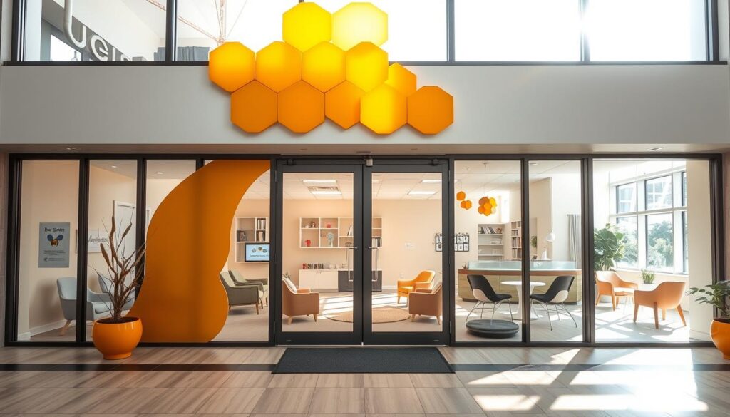 A modern, well-lit counseling center for children, the Bee Genius clinic stands out with its vibrant, playful aesthetic. The entrance features a large, stylized honeycomb motif in warm tones, drawing the eye towards the inviting glass doors. Through them, one glimpses a spacious, airy reception area furnished with comfortable seating and cheerful, nature-inspired decor. Sunlight streams in through floor-to-ceiling windows, illuminating the space and creating a calming, nurturing atmosphere. Discreet signage points the way to private consultation rooms, where trained psychologists provide tailored support for young patients in a safe, supportive environment. A modern, well-lit counseling center for children, the Bee Genius clinic stands out with its vibrant, playful aesthetic. The entrance features a large, stylized honeycomb motif in warm tones, drawing the eye towards the inviting glass doors. Through them, one glimpses a spacious, airy reception area furnished with comfortable seating and cheerful, nature-inspired decor. Sunlight streams in through floor-to-ceiling windows, illuminating the space and creating a calming, nurturing atmosphere. Discreet signage points the way to private consultation rooms, where trained psychologists provide tailored support for young patients in a safe, supportive environment.