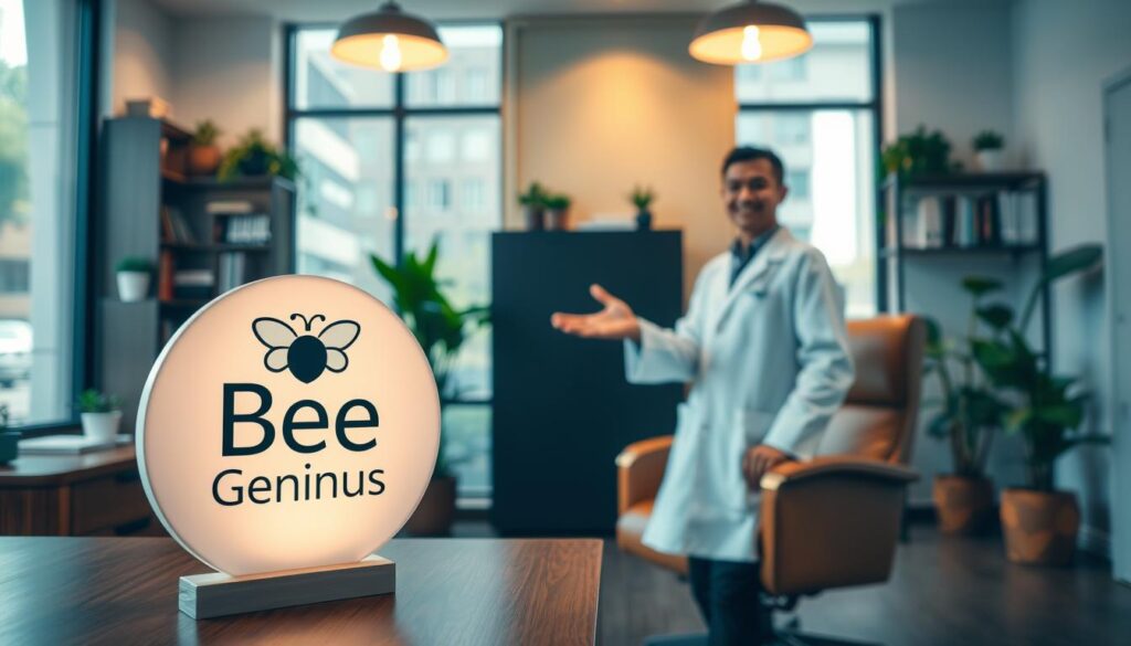 A neatly arranged office setting, with a wooden desk, comfortable armchair, and shelves filled with books and plants. In the foreground, a "Bee Genius" logo sign is prominently displayed, signifying the professional nature of the Layanan Konsultasi Psikologi services. The lighting is warm and inviting, creating a calming atmosphere. The angle is slightly elevated, giving a sense of authority and expertise. The middle ground features a person in a white lab coat, gesturing warmly towards the viewer, conveying the personalized and attentive nature of the psychological consultations. The background showcases a modern, minimalist interior design, with large windows allowing natural light to flood the space, symbolizing the openness and transparency of the services offered. A neatly arranged office setting, with a wooden desk, comfortable armchair, and shelves filled with books and plants. In the foreground, a "Bee Genius" logo sign is prominently displayed, signifying the professional nature of the Layanan Konsultasi Psikologi services. The lighting is warm and inviting, creating a calming atmosphere. The angle is slightly elevated, giving a sense of authority and expertise. The middle ground features a person in a white lab coat, gesturing warmly towards the viewer, conveying the personalized and attentive nature of the psychological consultations. The background showcases a modern, minimalist interior design, with large windows allowing natural light to flood the space, symbolizing the openness and transparency of the services offered.