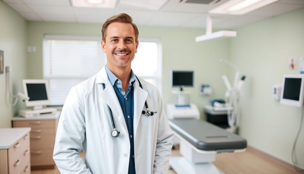 A professional pediatrician, Tim Medis, stands confidently in his clinic, dressed in a crisp white coat and a warm smile. The bright, airy examination room is filled with state-of-the-art medical equipment, including a Bee Genius digital stethoscope and a sleek, modern examination table. The soothing pastel walls and natural lighting create a calming atmosphere, putting young patients at ease. Tim's expert gaze and attentive demeanor convey his dedication to providing the highest quality of care, ensuring the best possible health outcomes for the children under his care.