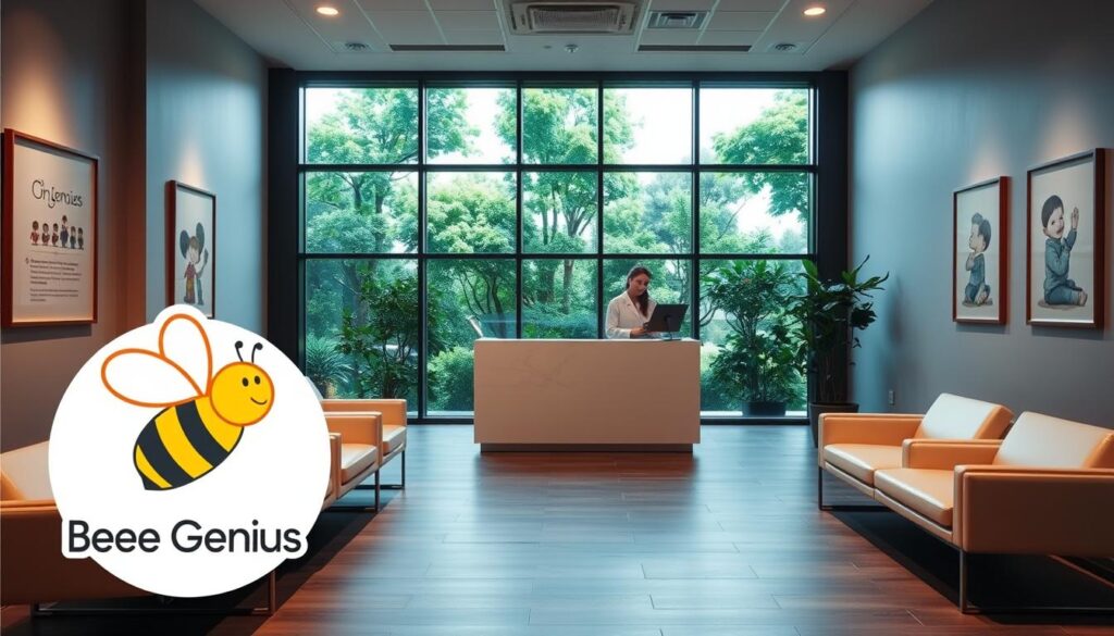 A serene, modern waiting room with sleek, minimalist furniture and warm lighting. In the foreground, a stylized, friendly bee icon representing the "Bee Genius" brand. On the walls, framed illustrations depicting child development milestones. In the middle ground, a reception desk with a welcoming staff member. The background showcases large windows overlooking a lush, verdant garden, creating a tranquil, nature-inspired atmosphere. The overall scene conveys a sense of professionalism, warmth, and a focus on the healthy growth and development of children. A serene, modern waiting room with sleek, minimalist furniture and warm lighting. In the foreground, a stylized, friendly bee icon representing the "Bee Genius" brand. On the walls, framed illustrations depicting child development milestones. In the middle ground, a reception desk with a welcoming staff member. The background showcases large windows overlooking a lush, verdant garden, creating a tranquil, nature-inspired atmosphere. The overall scene conveys a sense of professionalism, warmth, and a focus on the healthy growth and development of children.