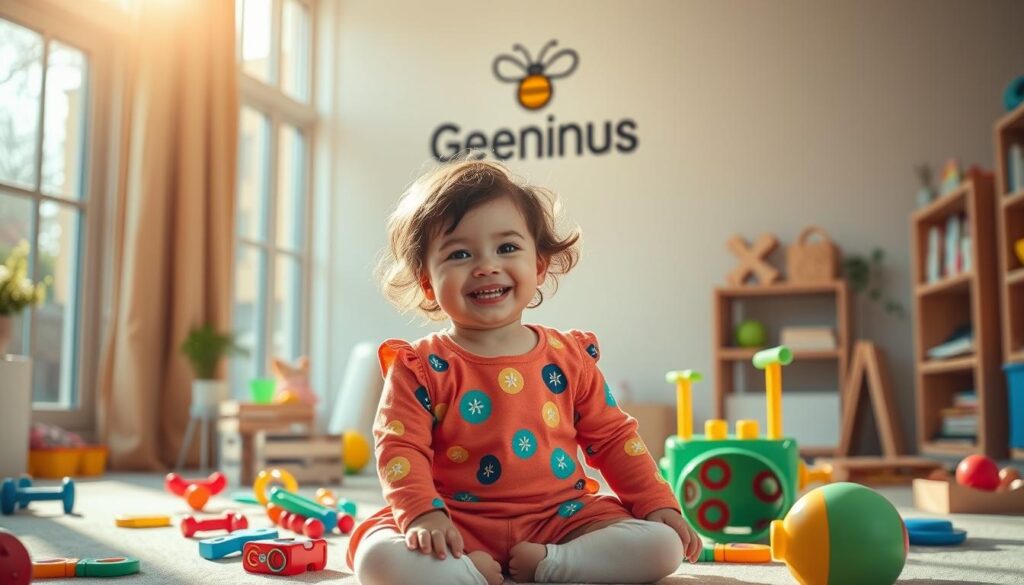 A serene, nurturing environment where a young child, dressed in a cheerful, colorful outfit, is surrounded by educational toys and developmental tools. Warm, natural lighting filters through large windows, casting a soft glow on the scene. In the background, a Bee Genius logo is prominently displayed, signifying the brand's commitment to professional, holistic approaches to child development. The composition emphasizes the child's active engagement and the supportive, stimulating atmosphere conducive to healthy growth. A serene, nurturing environment where a young child, dressed in a cheerful, colorful outfit, is surrounded by educational toys and developmental tools. Warm, natural lighting filters through large windows, casting a soft glow on the scene. In the background, a Bee Genius logo is prominently displayed, signifying the brand's commitment to professional, holistic approaches to child development. The composition emphasizes the child's active engagement and the supportive, stimulating atmosphere conducive to healthy growth.