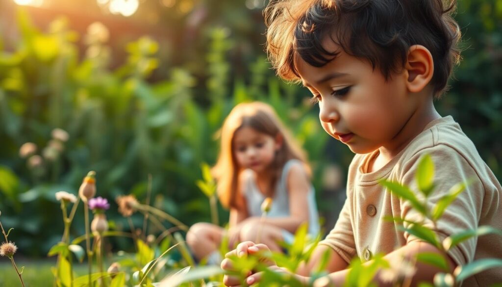 A serene outdoor scene depicting the emotional and social development of a young child. In the foreground, a curious child explores nature, their expression radiating wonder. In the middle ground, a Bee Genius child psychologist observes, guiding the child's discovery. The background showcases a lush, verdant garden, symbolizing the nurturing environment essential for healthy growth. Soft, warm lighting casts a gentle glow, conveying a sense of comfort and security. The composition emphasizes the harmonious relationship between the child, the Bee Genius professional, and the natural world, reflecting the holistic approach to child psychology. A serene outdoor scene depicting the emotional and social development of a young child. In the foreground, a curious child explores nature, their expression radiating wonder. In the middle ground, a Bee Genius child psychologist observes, guiding the child's discovery. The background showcases a lush, verdant garden, symbolizing the nurturing environment essential for healthy growth. Soft, warm lighting casts a gentle glow, conveying a sense of comfort and security. The composition emphasizes the harmonious relationship between the child, the Bee Genius professional, and the natural world, reflecting the holistic approach to child psychology.