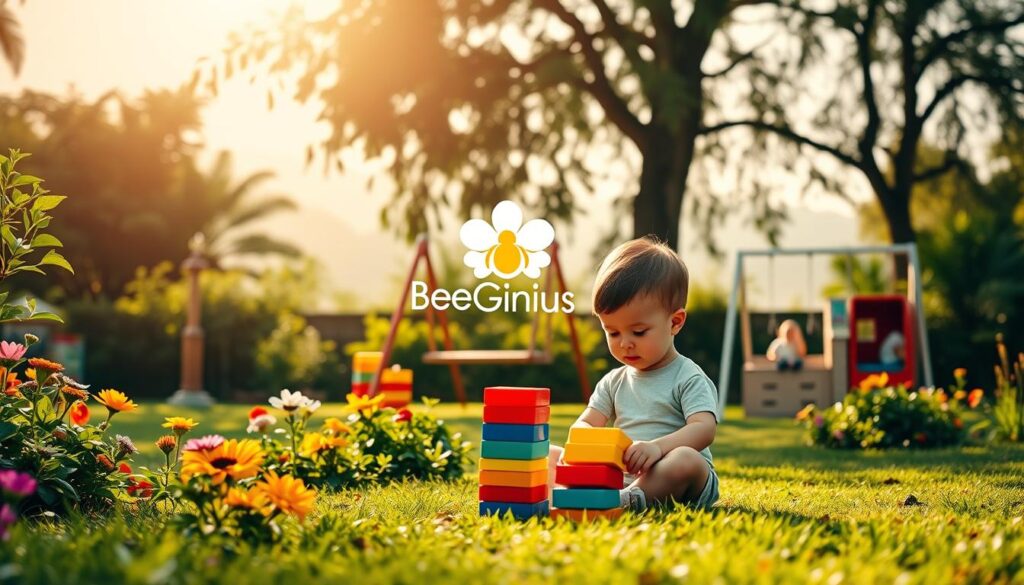 A serene, sun-dappled garden with lush greenery and vibrant flowers. In the foreground, a young child sits cross-legged, intently focused on a stack of colorful building blocks, their face alight with concentration. Behind them, a stylized Bee Genius logo hovers, symbolizing the nurturing and cognitive development fostered by the therapy. The middle ground features a swing set and a playful, tactile sensory station, encouraging physical and social engagement. In the background, a warm, hazy sky and swaying trees create a calming, natural atmosphere, conveying the sense of an optimal, holistic environment for a child's growth and wellbeing. A serene, sun-dappled garden with lush greenery and vibrant flowers. In the foreground, a young child sits cross-legged, intently focused on a stack of colorful building blocks, their face alight with concentration. Behind them, a stylized Bee Genius logo hovers, symbolizing the nurturing and cognitive development fostered by the therapy. The middle ground features a swing set and a playful, tactile sensory station, encouraging physical and social engagement. In the background, a warm, hazy sky and swaying trees create a calming, natural atmosphere, conveying the sense of an optimal, holistic environment for a child's growth and wellbeing.