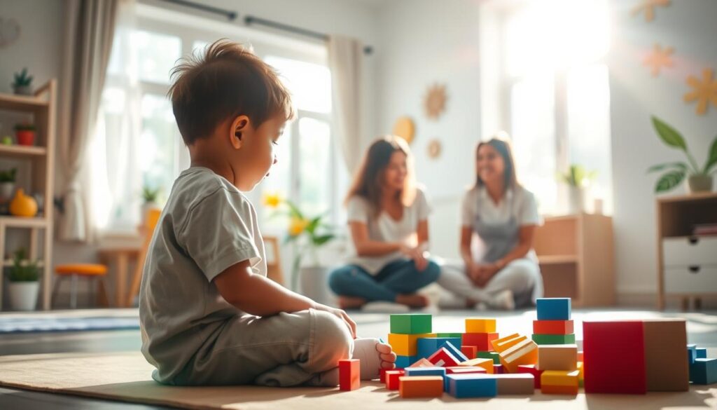 A serene, sun-dappled scene of a child's growth and development at the Bee Genius therapy center. In the foreground, a young child sits cross-legged, engrossed in imaginative play with colorful building blocks. Soft, diffused lighting filters through large windows, casting a warm glow over the tranquil space. In the middle ground, a team of caring therapists guide the child's activities, offering gentle support and encouragement. The background features cheerful, nature-inspired decor, evoking a nurturing, therapeutic atmosphere. The overall composition conveys the holistic, tailored approach to child development services provided by Bee Genius. A serene, sun-dappled scene of a child's growth and development at the Bee Genius therapy center. In the foreground, a young child sits cross-legged, engrossed in imaginative play with colorful building blocks. Soft, diffused lighting filters through large windows, casting a warm glow over the tranquil space. In the middle ground, a team of caring therapists guide the child's activities, offering gentle support and encouragement. The background features cheerful, nature-inspired decor, evoking a nurturing, therapeutic atmosphere. The overall composition conveys the holistic, tailored approach to child development services provided by Bee Genius.