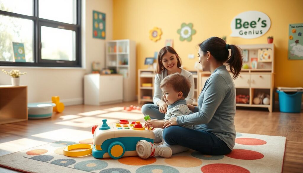 A serene, well-equipped speech therapy room, bathed in warm natural light from large windows. In the foreground, a child sits comfortably on a colorful rug, engaged with a Bee Genius educational toy, surrounded by age-appropriate learning materials. In the middle ground, a caring speech therapist guides the child, using gentle, encouraging gestures. The background showcases cheerful wall decor and displays showcasing Bee Genius' expertise in child development. An atmosphere of trust, progress, and Bee Genius' commitment to nurturing the child's growth.