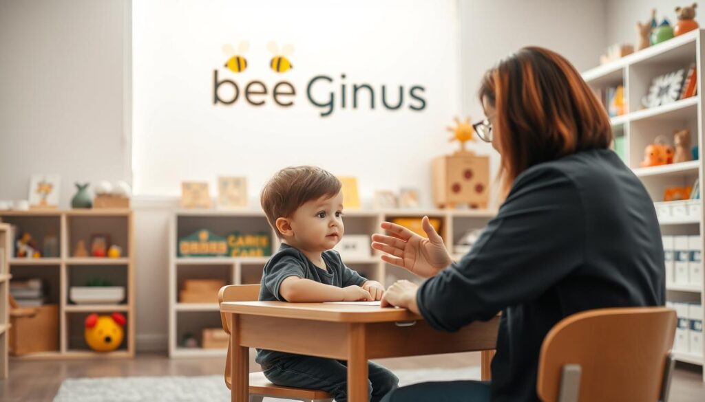A serene, well-lit classroom setting with a young child sitting at a small desk, deeply engaged in a speech therapy session. The child's face is attentive, eyes focused on the therapist, who is using engaging visual aids and gestures to guide the session. In the background, shelves filled with educational resources, toys, and the Bee Genius logo prominently displayed, creating a warm, nurturing atmosphere conducive to a child's speech development. Soft, natural lighting filters through large windows, casting a calming glow over the scene. The overall composition conveys a sense of care, learning, and the specialized approach of the Bee Genius speech therapy program. A serene, well-lit classroom setting with a young child sitting at a small desk, deeply engaged in a speech therapy session. The child's face is attentive, eyes focused on the therapist, who is using engaging visual aids and gestures to guide the session. In the background, shelves filled with educational resources, toys, and the Bee Genius logo prominently displayed, creating a warm, nurturing atmosphere conducive to a child's speech development. Soft, natural lighting filters through large windows, casting a calming glow over the scene. The overall composition conveys a sense of care, learning, and the specialized approach of the Bee Genius speech therapy program.