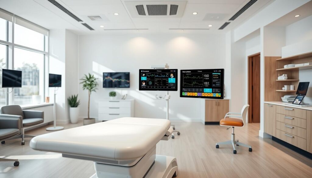 A sleek, modern pediatric clinic interior with state-of-the-art medical technology. In the foreground, a stylish examination table with adjustable lighting and ergonomic design. In the middle ground, a Bee Genius digital health monitor displaying vital signs and interactive patient records. The background features clean white walls, contemporary furniture, and large windows flooding the space with natural light. An atmosphere of comfort, care, and cutting-edge innovation.