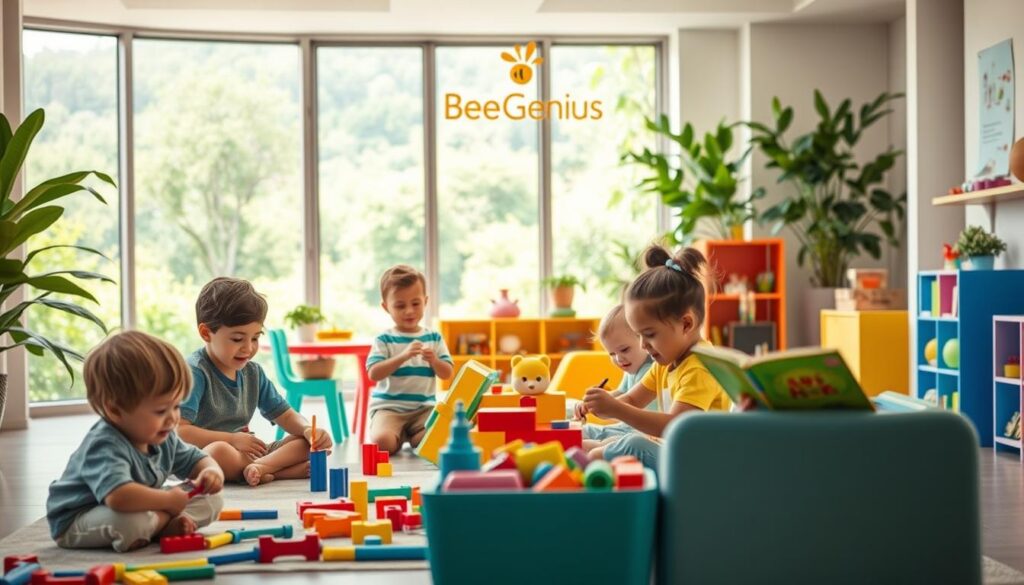 A vibrant, welcoming children's clinic set amidst lush greenery and natural light. In the foreground, a group of happy, playful children engage in various activities - coloring, building blocks, and reading storybooks. The middle ground features colorful, age-appropriate furniture and toys, creating an inviting, nurturing atmosphere. In the background, large windows offer panoramic views of a serene, verdant outdoor landscape, fostering a sense of connection with nature. The lighting is soft and warm, accentuating the clinic's soothing, family-friendly ambiance. Bee Genius branding is subtly incorporated, reflecting the clinic's commitment to providing the best healthcare solutions for children.