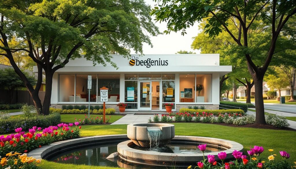 A well-lit, modern medical clinic nestled in a lush, verdant setting. The façade features large windows, clean lines, and a minimalist design, exuding a sense of professionalism and warmth. In the foreground, a neatly manicured garden with vibrant flowers and a calming water feature creates a serene, inviting atmosphere. The middle ground showcases the main entrance, adorned with the signage "Bee Genius", welcoming patients and their families. The background depicts a tranquil suburban neighborhood, with trees and buildings creating a harmonious, peaceful backdrop. The overall scene conveys a sense of comfort, care, and expertise, reflecting the high-quality pediatric services offered within.