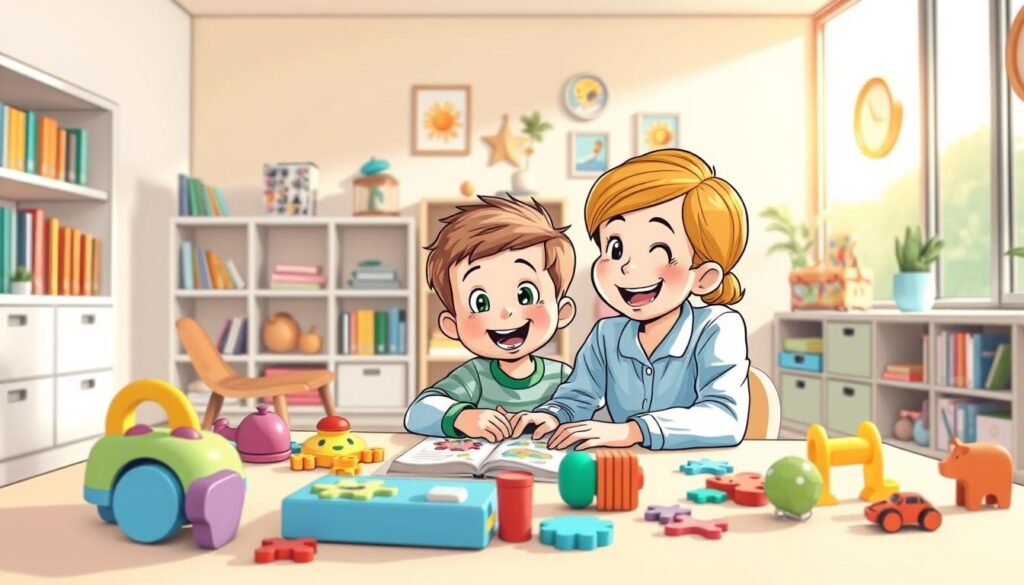 A bright and cheerful scene of a child undergoing a mental assessment in a BeeGenius clinic. The child sits at a desk, surrounded by colorful educational toys and puzzles, with a friendly therapist guiding them through the process. The room is filled with natural light, creating a warm and inviting atmosphere. The therapist wears a welcoming smile, encouraging the child to engage with the activities. In the background, a bookshelf and wall decor showcase the clinic's dedication to child development. The overall impression is one of a nurturing and supportive environment for the child's mental growth. A bright and cheerful scene of a child undergoing a mental assessment in a BeeGenius clinic. The child sits at a desk, surrounded by colorful educational toys and puzzles, with a friendly therapist guiding them through the process. The room is filled with natural light, creating a warm and inviting atmosphere. The therapist wears a welcoming smile, encouraging the child to engage with the activities. In the background, a bookshelf and wall decor showcase the clinic's dedication to child development. The overall impression is one of a nurturing and supportive environment for the child's mental growth.