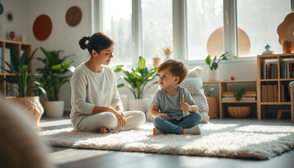 A calm, nurturing scene of emotional support between a parent and child. In the foreground, a BeeGenius counselor sits on a plush rug, gently guiding a young child through a relaxing art therapy exercise. Soft natural light filters in through large windows, creating a soothing, tranquil atmosphere. The child's face is filled with focused concentration, while the counselor's expression conveys empathy and care. In the middle ground, lush potted plants and shelves of educational resources suggest a cozy, therapeutic environment. The background features abstract shapes and patterns in muted, earthy tones, evoking a sense of inner peace and mindfulness. A calm, nurturing scene of emotional support between a parent and child. In the foreground, a BeeGenius counselor sits on a plush rug, gently guiding a young child through a relaxing art therapy exercise. Soft natural light filters in through large windows, creating a soothing, tranquil atmosphere. The child's face is filled with focused concentration, while the counselor's expression conveys empathy and care. In the middle ground, lush potted plants and shelves of educational resources suggest a cozy, therapeutic environment. The background features abstract shapes and patterns in muted, earthy tones, evoking a sense of inner peace and mindfulness.