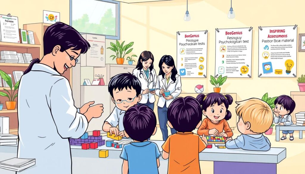 A cheerful and colorful illustration showcasing the various psychological tests conducted at the BeeGenius clinic in Tangerang. In the foreground, a group of children enthusiastically engage with a variety of age-appropriate test materials, such as puzzles, blocks, and drawing supplies. The middle ground features a team of attentive psychologists carefully observing and interacting with the children, capturing their responses and behaviors. The background depicts a warm, nurturing environment with natural lighting, whimsical decor, and inspiring educational posters highlighting the BeeGenius brand. The overall scene conveys a sense of discovery, learning, and the collaborative nature of the professional psychological assessment process for children. A cheerful and colorful illustration showcasing the various psychological tests conducted at the BeeGenius clinic in Tangerang. In the foreground, a group of children enthusiastically engage with a variety of age-appropriate test materials, such as puzzles, blocks, and drawing supplies. The middle ground features a team of attentive psychologists carefully observing and interacting with the children, capturing their responses and behaviors. The background depicts a warm, nurturing environment with natural lighting, whimsical decor, and inspiring educational posters highlighting the BeeGenius brand. The overall scene conveys a sense of discovery, learning, and the collaborative nature of the professional psychological assessment process for children.
