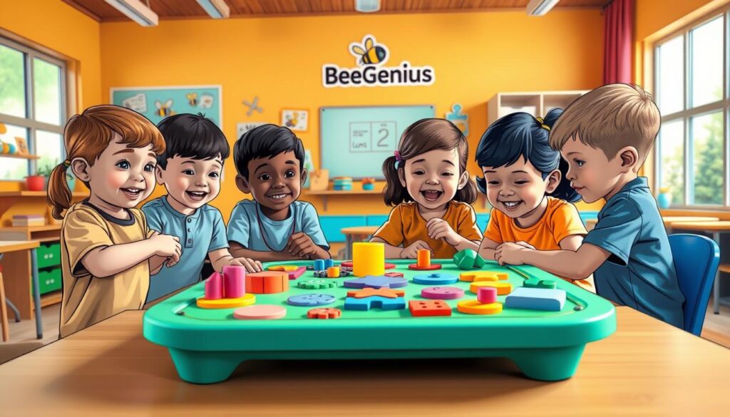 A cheerful and engaging children's game focused on improving concentration and focus. In the foreground, a group of children gathered around a colorful, interactive tabletop game with various shapes, textures, and puzzles to manipulate. The middle ground features bright, primary-colored walls with educational illustrations and the BeeGenius logo. The background depicts a warm, well-lit classroom setting with large windows, natural lighting, and an overall nurturing, stimulating atmosphere. The scene conveys a sense of active learning, collaboration, and the development of cognitive skills in a fun, supportive environment. A cheerful and engaging children's game focused on improving concentration and focus. In the foreground, a group of children gathered around a colorful, interactive tabletop game with various shapes, textures, and puzzles to manipulate. The middle ground features bright, primary-colored walls with educational illustrations and the BeeGenius logo. The background depicts a warm, well-lit classroom setting with large windows, natural lighting, and an overall nurturing, stimulating atmosphere. The scene conveys a sense of active learning, collaboration, and the development of cognitive skills in a fun, supportive environment.