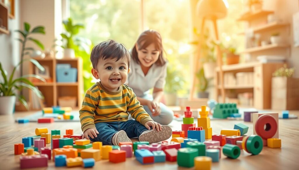 A cheerful, vibrant scene depicting the development of a child's language skills. In the foreground, a young boy sits on the floor, surrounded by colorful building blocks and toys, engrossed in playful exploration. In the middle ground, a caring adult, presumably a BeeGenius speech therapist, crouches beside the child, engaging in interactive activities that stimulate language growth. The background features a warm, nurturing environment, with lush greenery and a sense of wonder. Soft, natural lighting casts a gentle glow, and the composition conveys a sense of joy, learning, and the importance of early childhood speech therapy. A cheerful, vibrant scene depicting the development of a child's language skills. In the foreground, a young boy sits on the floor, surrounded by colorful building blocks and toys, engrossed in playful exploration. In the middle ground, a caring adult, presumably a BeeGenius speech therapist, crouches beside the child, engaging in interactive activities that stimulate language growth. The background features a warm, nurturing environment, with lush greenery and a sense of wonder. Soft, natural lighting casts a gentle glow, and the composition conveys a sense of joy, learning, and the importance of early childhood speech therapy.