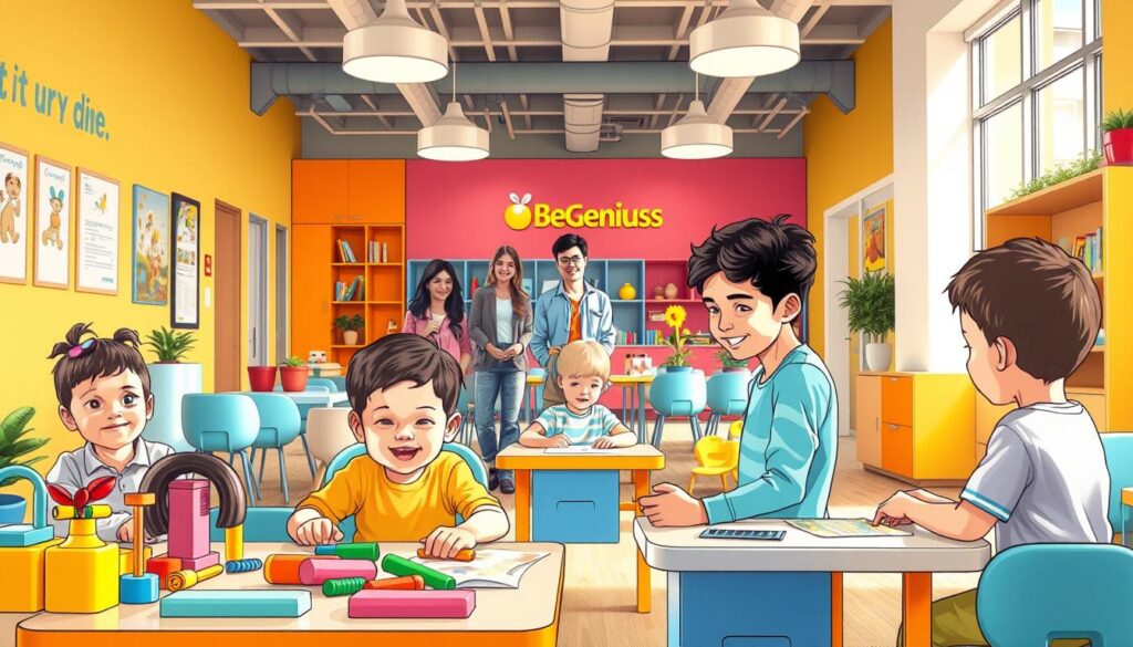 A cheerful, welcoming educational environment at BeeGenius, with children engaged in cognitive and behavioral assessment activities. The foreground depicts a group of children enthusiastically participating in interactive learning stations, using educational toys and materials. In the middle ground, a team of attentive assessors observe and guide the children, creating a nurturing atmosphere. The background showcases the vibrant, colorful, and stimulating interior design of the BeeGenius facility, with modern furnishings and engaging visuals. Warm, natural lighting illuminates the scene, reflecting the care and expertise of the BeeGenius team in providing comprehensive cognitive and behavioral assessment services. A cheerful, welcoming educational environment at BeeGenius, with children engaged in cognitive and behavioral assessment activities. The foreground depicts a group of children enthusiastically participating in interactive learning stations, using educational toys and materials. In the middle ground, a team of attentive assessors observe and guide the children, creating a nurturing atmosphere. The background showcases the vibrant, colorful, and stimulating interior design of the BeeGenius facility, with modern furnishings and engaging visuals. Warm, natural lighting illuminates the scene, reflecting the care and expertise of the BeeGenius team in providing comprehensive cognitive and behavioral assessment services.