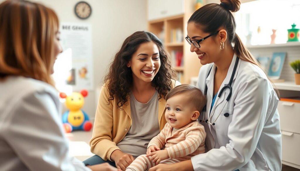 A cheerful, well-lit scene of a mother and child in a friendly, inviting pediatric clinic setting. The mother is seated with her young child on her lap, engaged in a warm, nurturing consultation with a smiling, attentive pediatrician. Bee Genius toys and educational materials are visible in the background, creating a sense of a supportive, developmental environment. The lighting is soft and natural, with a calming, pastel color palette. The composition emphasizes the connection between the child and the medical professional, conveying a sense of trust, care, and the child's healthy growth and development. A cheerful, well-lit scene of a mother and child in a friendly, inviting pediatric clinic setting. The mother is seated with her young child on her lap, engaged in a warm, nurturing consultation with a smiling, attentive pediatrician. Bee Genius toys and educational materials are visible in the background, creating a sense of a supportive, developmental environment. The lighting is soft and natural, with a calming, pastel color palette. The composition emphasizes the connection between the child and the medical professional, conveying a sense of trust, care, and the child's healthy growth and development.