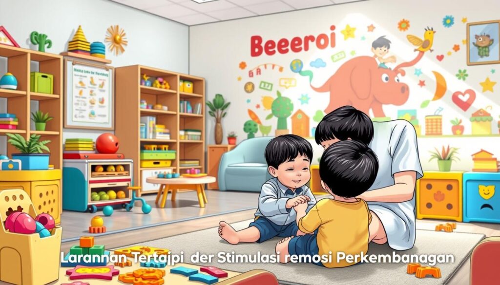 A cheerful, well-lit therapy session at the BeeGenius clinic, showcasing a child-friendly environment with colorful educational toys, puzzles, and sensory play equipment. In the foreground, a therapist engages the child in a hands-on activity, guiding them with a gentle, nurturing demeanor. The middle ground features a cozy seating area for parents, and the background depicts a vibrant, stimulating mural or wall decor that captures the essence of child development. The overall scene conveys a sense of warmth, learning, and therapeutic progress, reflecting the "Layanan Terapi dan Stimulasi Perkembangan" section of the article. A cheerful, well-lit therapy session at the BeeGenius clinic, showcasing a child-friendly environment with colorful educational toys, puzzles, and sensory play equipment. In the foreground, a therapist engages the child in a hands-on activity, guiding them with a gentle, nurturing demeanor. The middle ground features a cozy seating area for parents, and the background depicts a vibrant, stimulating mural or wall decor that captures the essence of child development. The overall scene conveys a sense of warmth, learning, and therapeutic progress, reflecting the "Layanan Terapi dan Stimulasi Perkembangan" section of the article.