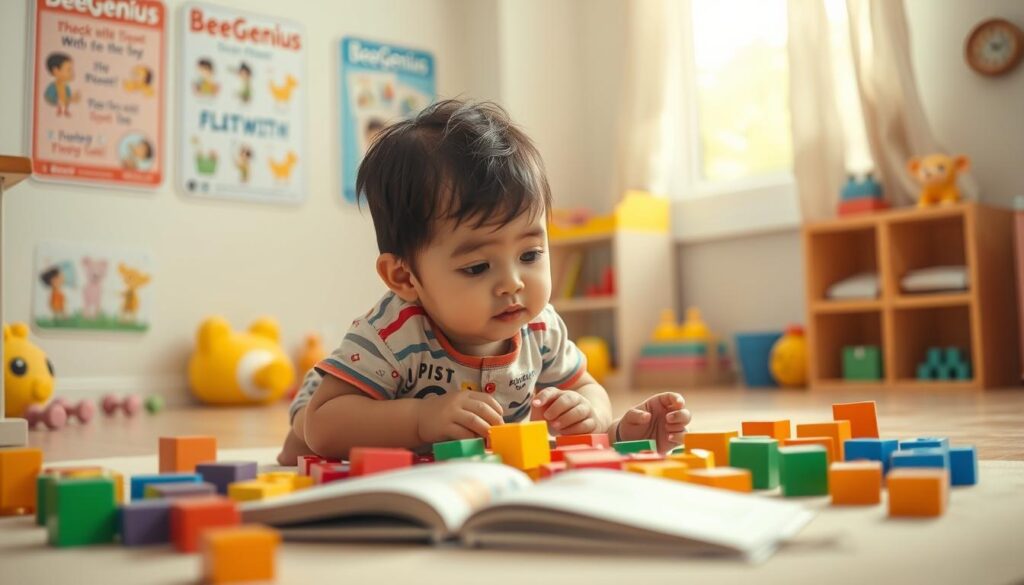 A child sitting on the floor, deeply engaged in play with colorful building blocks, their face filled with concentration. In the background, a soothing pastel-toned room with BeeGenius-branded educational posters and toys, creating a nurturing, inviting atmosphere. Soft natural lighting filters through a nearby window, casting a warm glow on the scene. The composition emphasizes the child's focus, hinting at the importance of early identification and intervention for speech development delays. An intimate, thoughtful portrait capturing the first steps of the "Langkah Awal Identifikasi Keterlambatan Bicara" process. A child sitting on the floor, deeply engaged in play with colorful building blocks, their face filled with concentration. In the background, a soothing pastel-toned room with BeeGenius-branded educational posters and toys, creating a nurturing, inviting atmosphere. Soft natural lighting filters through a nearby window, casting a warm glow on the scene. The composition emphasizes the child's focus, hinting at the importance of early identification and intervention for speech development delays. An intimate, thoughtful portrait capturing the first steps of the "Langkah Awal Identifikasi Keterlambatan Bicara" process.