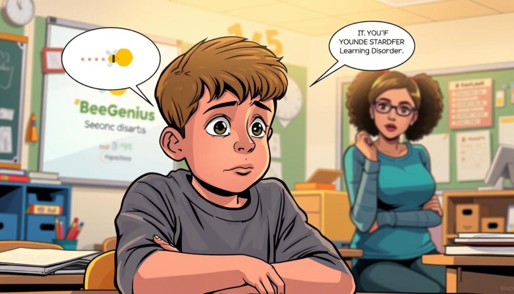 A classroom scene with a young student struggling to focus, surrounded by educational tools and learning aids. The student appears distracted, with a worried expression, while the teacher observes with a compassionate demeanor. The lighting is soft and warm, creating a contemplative atmosphere. In the background, a wall display showcases the BeeGenius logo, hinting at the potential solution to the learning disorder challenge. The composition captures the concept of understanding learning disorders and the need for tailored support.