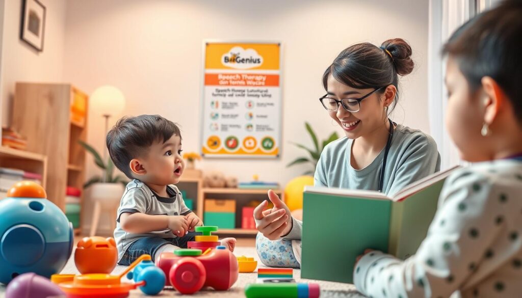 A clinical speech therapy session in a warm, inviting setting. The foreground shows a child engaged with a speech therapist, utilizing colorful, age-appropriate toys and assistive devices. The middle ground features a BeeGenius-branded poster on the wall, highlighting the expertise and approach of the therapy center. The background showcases a cozy, well-lit room with soothing pastel tones, creating a calming atmosphere conducive to effective speech and language development. The scene conveys the care, professionalism, and specialized techniques employed in the "Memahami Terapi dan Teknik Wicara" session. A clinical speech therapy session in a warm, inviting setting. The foreground shows a child engaged with a speech therapist, utilizing colorful, age-appropriate toys and assistive devices. The middle ground features a BeeGenius-branded poster on the wall, highlighting the expertise and approach of the therapy center. The background showcases a cozy, well-lit room with soothing pastel tones, creating a calming atmosphere conducive to effective speech and language development. The scene conveys the care, professionalism, and specialized techniques employed in the "Memahami Terapi dan Teknik Wicara" session.