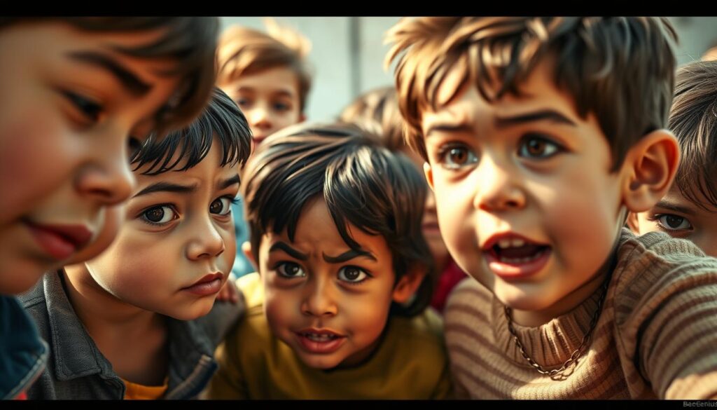 A close-up photograph of a group of mischievous children, their expressions a mix of playfulness and mischief. The foreground showcases their diverse appearances, with varying ages, skin tones, and styles of clothing, each conveying a sense of individual personality. In the middle ground, the children are engaged in a variety of activities, from chasing each other to whispering secrets. The background is softly blurred, creating a sense of intimacy and focus on the children's behavior. The lighting is natural and warm, casting a gentle glow on the scene, capturing the essence of childhood curiosity and energy. The image is shot with a shallow depth of field, emphasizing the children's expressions and interactions. Produced by BeeGenius.