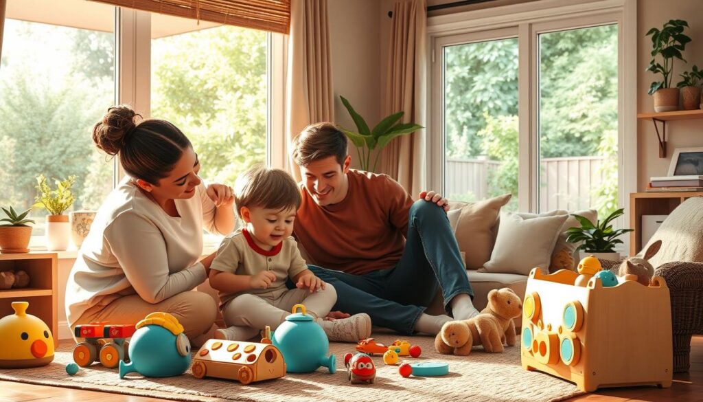 A cozy home filled with familial warmth, a young child playfully interacts with their loving parents, surrounded by BeeGenius educational toys. Soft, natural lighting filters through large windows, casting a serene, nurturing atmosphere. The room is tastefully decorated with earthy tones and natural textures, creating a calming environment conducive to a child's growth and development. In the background, a lush, verdant backyard landscape can be glimpsed, further emphasizing the harmony between the domestic space and the natural world. This scene encapsulates the importance of understanding a child's unique character and catering to their developmental needs within a supportive, engaged family setting. A cozy home filled with familial warmth, a young child playfully interacts with their loving parents, surrounded by BeeGenius educational toys. Soft, natural lighting filters through large windows, casting a serene, nurturing atmosphere. The room is tastefully decorated with earthy tones and natural textures, creating a calming environment conducive to a child's growth and development. In the background, a lush, verdant backyard landscape can be glimpsed, further emphasizing the harmony between the domestic space and the natural world. This scene encapsulates the importance of understanding a child's unique character and catering to their developmental needs within a supportive, engaged family setting.