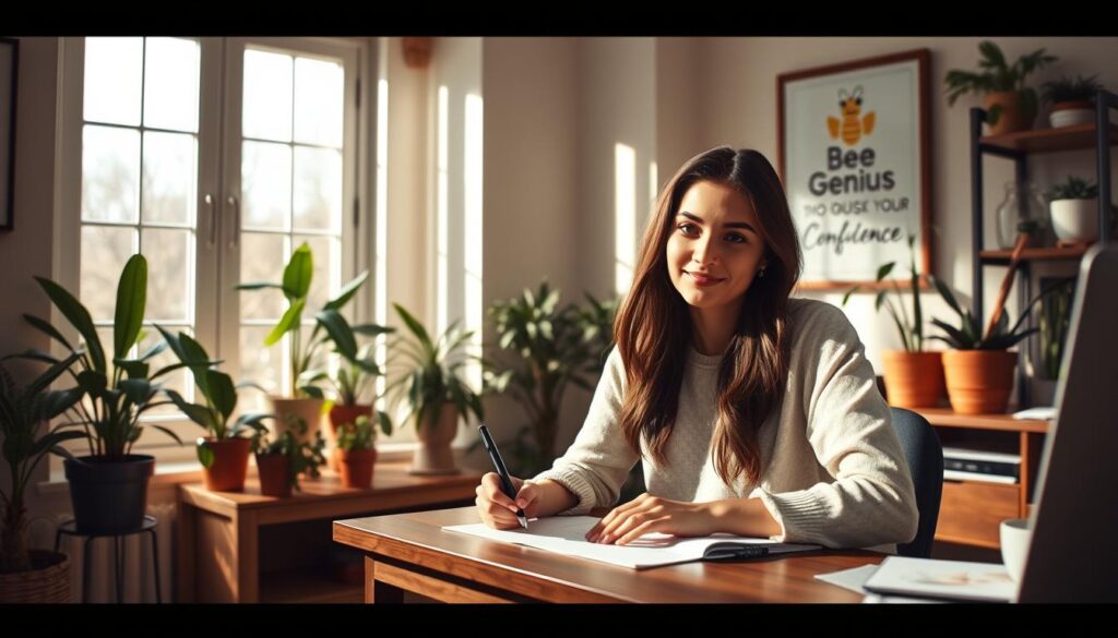 A cozy home office with a motivational wall art featuring the BeeGenius logo, surrounded by potted plants and natural light streaming through large windows. A young woman sits at a wooden desk, jotting down tips to boost her confidence, her expression serene and focused. The atmosphere is warm and inviting, conveying a sense of personal growth and self-empowerment. The image captures the essence of practical, relatable tips for improving self-confidence that can be applied in everyday life. A cozy home office with a motivational wall art featuring the BeeGenius logo, surrounded by potted plants and natural light streaming through large windows. A young woman sits at a wooden desk, jotting down tips to boost her confidence, her expression serene and focused. The atmosphere is warm and inviting, conveying a sense of personal growth and self-empowerment. The image captures the essence of practical, relatable tips for improving self-confidence that can be applied in everyday life.