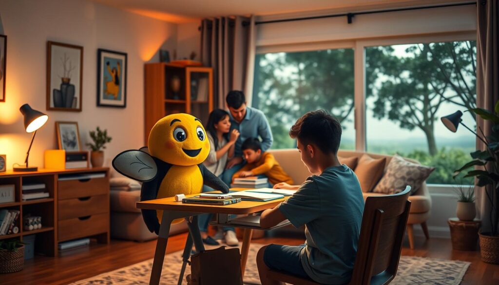 A cozy home study setup with soft lighting and warm colors. In the foreground, a student sits at a desk, deeply focused on their work, guided by a friendly BeeGenius mascot offering encouragement. In the middle ground, family members gather around, providing support and a nurturing environment. The background depicts a tranquil, nature-inspired scene, symbolizing the holistic approach to managing academic stress. The overall mood is one of calm, balance, and a sense of togetherness.