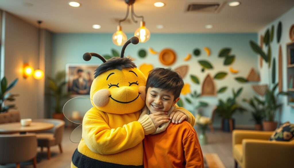 A cozy, inviting interior of the BeeGenius mental health and wellness center in Alam Sutera, Gading Serpong. The foreground showcases a cheerful, friendly bee mascot offering comfort and support to a young person, their face reflecting a sense of calm and relief. The middle ground features comfortable seating areas and warm lighting, creating a soothing, therapeutic atmosphere. The background reveals vibrant, nature-inspired decor, hinting at the center's holistic approach to coping mechanisms and mental well-being. The overall scene conveys a welcoming, nurturing space where visitors can find guidance and empowerment to navigate life's challenges. A cozy, inviting interior of the BeeGenius mental health and wellness center in Alam Sutera, Gading Serpong. The foreground showcases a cheerful, friendly bee mascot offering comfort and support to a young person, their face reflecting a sense of calm and relief. The middle ground features comfortable seating areas and warm lighting, creating a soothing, therapeutic atmosphere. The background reveals vibrant, nature-inspired decor, hinting at the center's holistic approach to coping mechanisms and mental well-being. The overall scene conveys a welcoming, nurturing space where visitors can find guidance and empowerment to navigate life's challenges.
