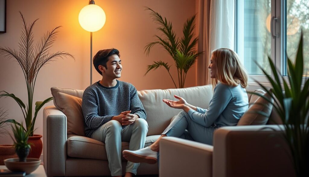 A cozy, modern consultation room with warm, natural lighting. A young adult client sits comfortably on a plush sofa, discussing their mental health concerns with a caring, attentive BeeGenius counselor. Soft plants and soothing earth tones create a relaxing, inviting atmosphere. The counselor's kind expression and open body language convey empathy and professionalism. The room exudes a sense of privacy, safety, and trust, reflecting the importance of mental health consultations in a serene, welcoming setting.