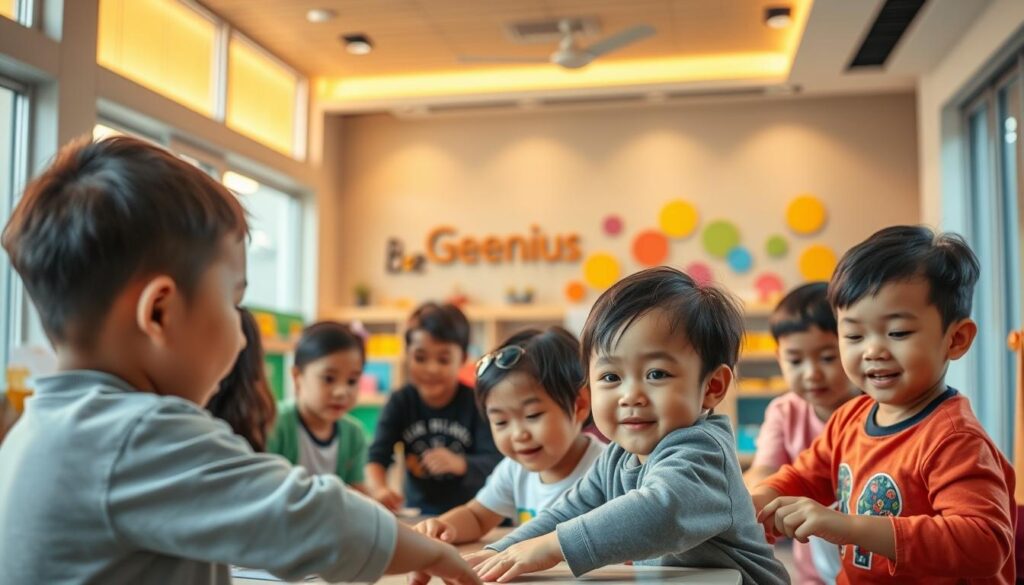 A cozy, well-lit interior of the BeeGenius learning center in Alam Sutera. In the foreground, a group of children engaged in hands-on educational activities, their faces alight with curiosity and concentration. Behind them, an open space with colorful learning stations and a wall display showcasing the BeeGenius brand. Warm lighting filters through large windows, creating a welcoming and nurturing atmosphere. The overall scene conveys a sense of family-friendly learning, where children thrive in a supportive environment tailored to their needs. A cozy, well-lit interior of the BeeGenius learning center in Alam Sutera. In the foreground, a group of children engaged in hands-on educational activities, their faces alight with curiosity and concentration. Behind them, an open space with colorful learning stations and a wall display showcasing the BeeGenius brand. Warm lighting filters through large windows, creating a welcoming and nurturing atmosphere. The overall scene conveys a sense of family-friendly learning, where children thrive in a supportive environment tailored to their needs.