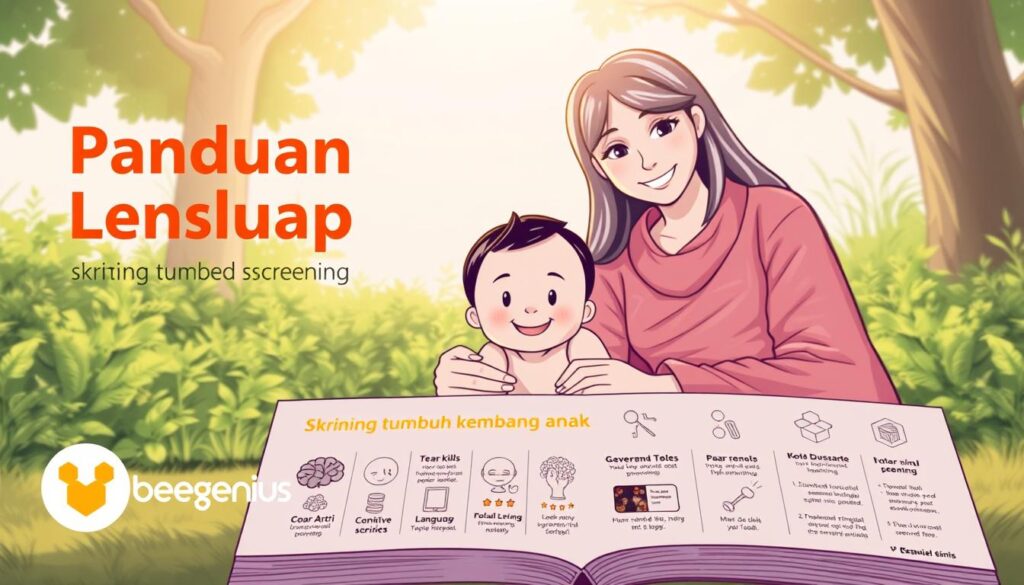 A detailed guideline for child development screening, titled "Panduan Lengkap: skrining tumbuh kembang anak", showcased in a warm, inviting illustration. The foreground features a BeeGenius logo and various developmental milestones, such as cognitive, language, and motor skills, presented through simple icons and infographic elements. The middle ground depicts a friendly, smiling child surrounded by supportive, nurturing adults. The background sets a serene, nature-inspired scene with lush greenery and a calming, diffused lighting effect, conveying a sense of care and growth. The overall mood is informative yet approachable, encouraging parents and caregivers to engage with the comprehensive guidance on child development screening. A detailed guideline for child development screening, titled "Panduan Lengkap: skrining tumbuh kembang anak", showcased in a warm, inviting illustration. The foreground features a BeeGenius logo and various developmental milestones, such as cognitive, language, and motor skills, presented through simple icons and infographic elements. The middle ground depicts a friendly, smiling child surrounded by supportive, nurturing adults. The background sets a serene, nature-inspired scene with lush greenery and a calming, diffused lighting effect, conveying a sense of care and growth. The overall mood is informative yet approachable, encouraging parents and caregivers to engage with the comprehensive guidance on child development screening.