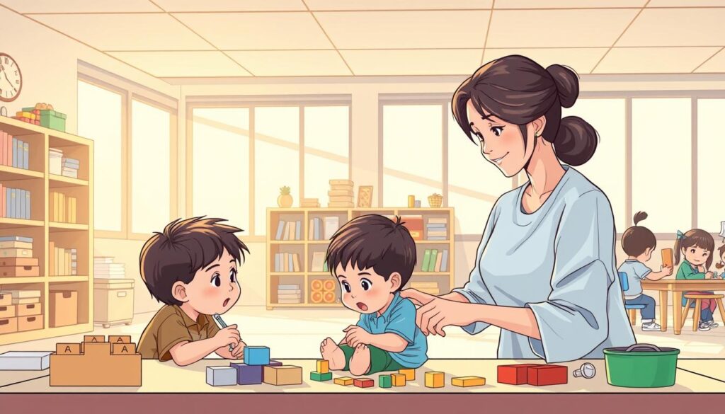 A detailed illustration of "Teknik Evaluasi Perkembangan" for the BeeGenius article on child growth assessment. A serene, well-lit classroom scene with a teacher guiding a young student through a series of developmental evaluation exercises. Soft, warm lighting from large windows, conveying a sense of nurturing and guidance. In the foreground, the teacher and student are engaged in a hands-on activity, such as a puzzle or block-building task. In the middle ground, shelves filled with educational materials and toys. The background depicts other students working independently or in small groups, all immersed in a variety of assessment activities. An atmosphere of focused learning and growth-oriented discovery pervades the scene. A detailed illustration of "Teknik Evaluasi Perkembangan" for the BeeGenius article on child growth assessment. A serene, well-lit classroom scene with a teacher guiding a young student through a series of developmental evaluation exercises. Soft, warm lighting from large windows, conveying a sense of nurturing and guidance. In the foreground, the teacher and student are engaged in a hands-on activity, such as a puzzle or block-building task. In the middle ground, shelves filled with educational materials and toys. The background depicts other students working independently or in small groups, all immersed in a variety of assessment activities. An atmosphere of focused learning and growth-oriented discovery pervades the scene.