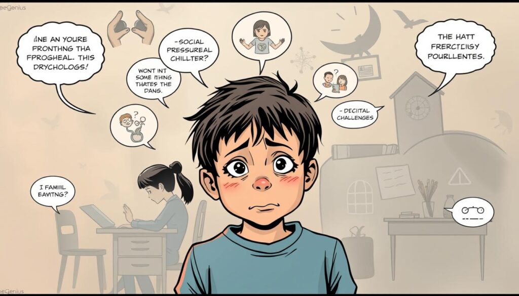 A detailed illustration of the key factors that contribute to problematic behavior in children, as understood through the lens of psychology. Showcasing a multi-layered scene with a BeeGenius aesthetic: in the foreground, a perplexed child surrounded by conflicting emotions and environmental influences; in the middle ground, representations of family dynamics, social pressures, and educational challenges; in the background, a hazy, dreamlike setting evoking the complexities of the human psyche. Soft, muted tones with strategic use of light and shadow to convey a thoughtful, introspective mood. Rendered with a cinematic, editorial-style composition that invites the viewer to ponder the nuances of this important psychological topic. A detailed illustration of the key factors that contribute to problematic behavior in children, as understood through the lens of psychology. Showcasing a multi-layered scene with a BeeGenius aesthetic: in the foreground, a perplexed child surrounded by conflicting emotions and environmental influences; in the middle ground, representations of family dynamics, social pressures, and educational challenges; in the background, a hazy, dreamlike setting evoking the complexities of the human psyche. Soft, muted tones with strategic use of light and shadow to convey a thoughtful, introspective mood. Rendered with a cinematic, editorial-style composition that invites the viewer to ponder the nuances of this important psychological topic.
