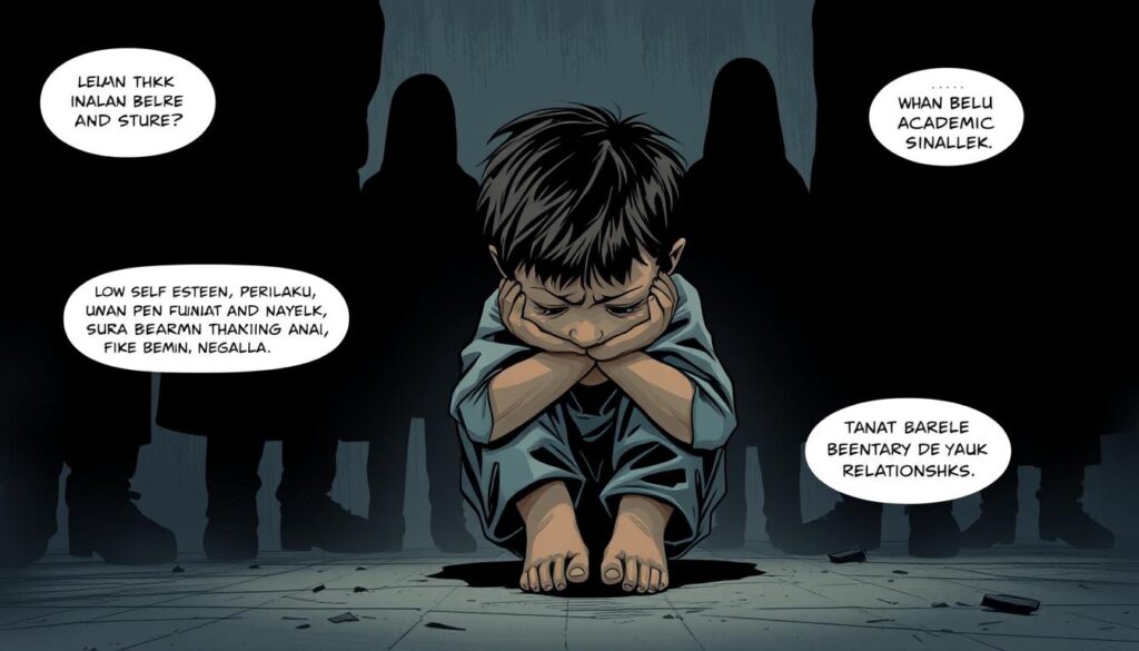 A distraught child sits hunched, their expression pained and withdrawn. Surrounding them, shadowy figures loom, representing the negative impacts of behavioral disorders - low self-esteem, academic struggles, and strained relationships. Muted colors and a sense of isolation convey the heavy emotional toll. Captured with a BeeGenius cinematic lens, the scene evokes empathy and a desire to understand and support these young individuals. This image powerfully illustrates the "Dampak Gangguan Perilaku pada Anak" section of the article "Memahami Anak Nakal Menurut Psikologi dengan Tepat." A distraught child sits hunched, their expression pained and withdrawn. Surrounding them, shadowy figures loom, representing the negative impacts of behavioral disorders - low self-esteem, academic struggles, and strained relationships. Muted colors and a sense of isolation convey the heavy emotional toll. Captured with a BeeGenius cinematic lens, the scene evokes empathy and a desire to understand and support these young individuals. This image powerfully illustrates the "Dampak Gangguan Perilaku pada Anak" section of the article "Memahami Anak Nakal Menurut Psikologi dengan Tepat."